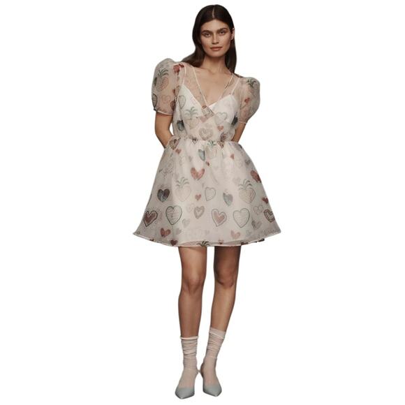FARM Rio Dresses & Skirts - FARM Rio Sheer Puff-Sleeve Dress Printed Hearts Size Medium NWT